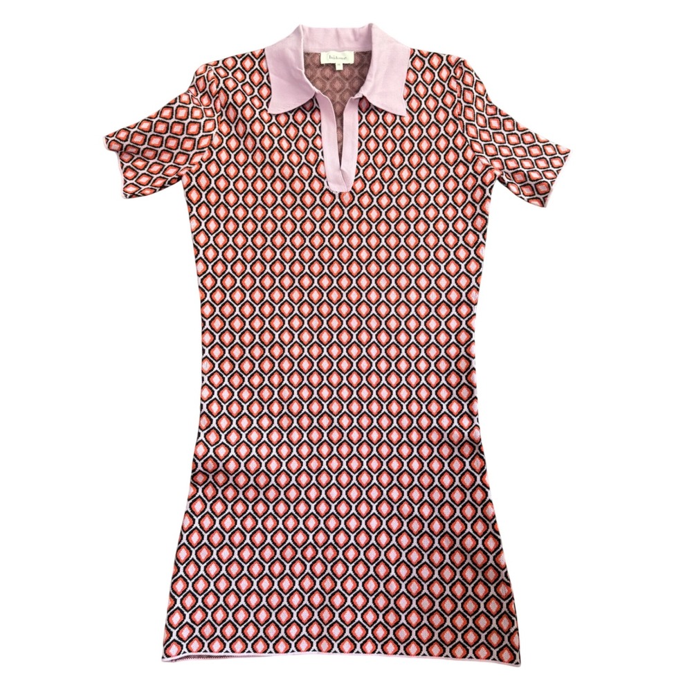 Bohme Women Retro Geometric Knit Polo Dress Pink Collar Mod Minimalist M  365